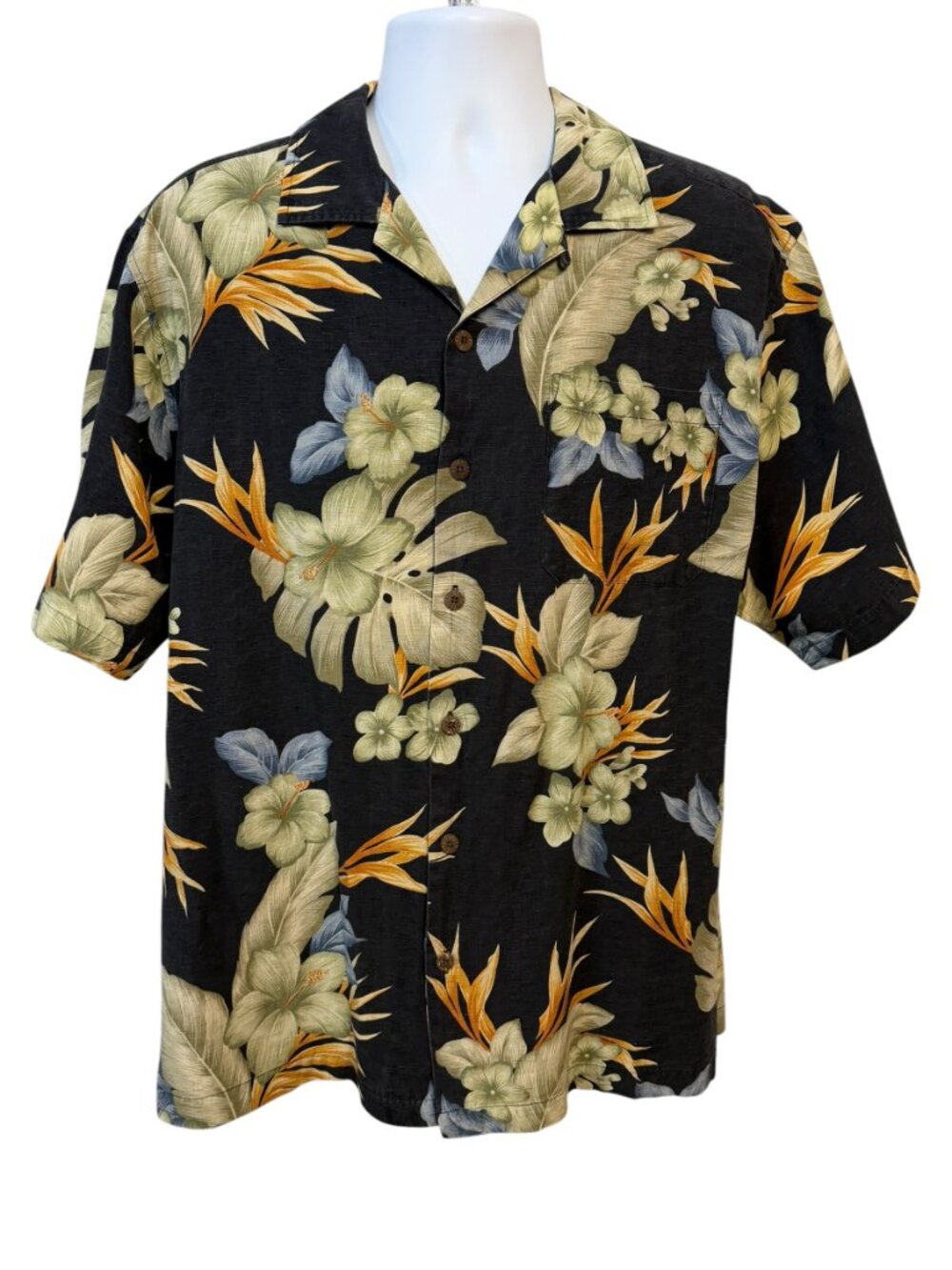 Caribbean Joe Silk Hawaiian Shirt Black Floral Button Up Men's L